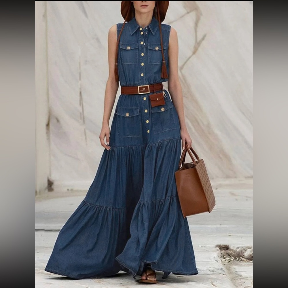 Sleeveless Denim Maxi Dress with Brown Belt